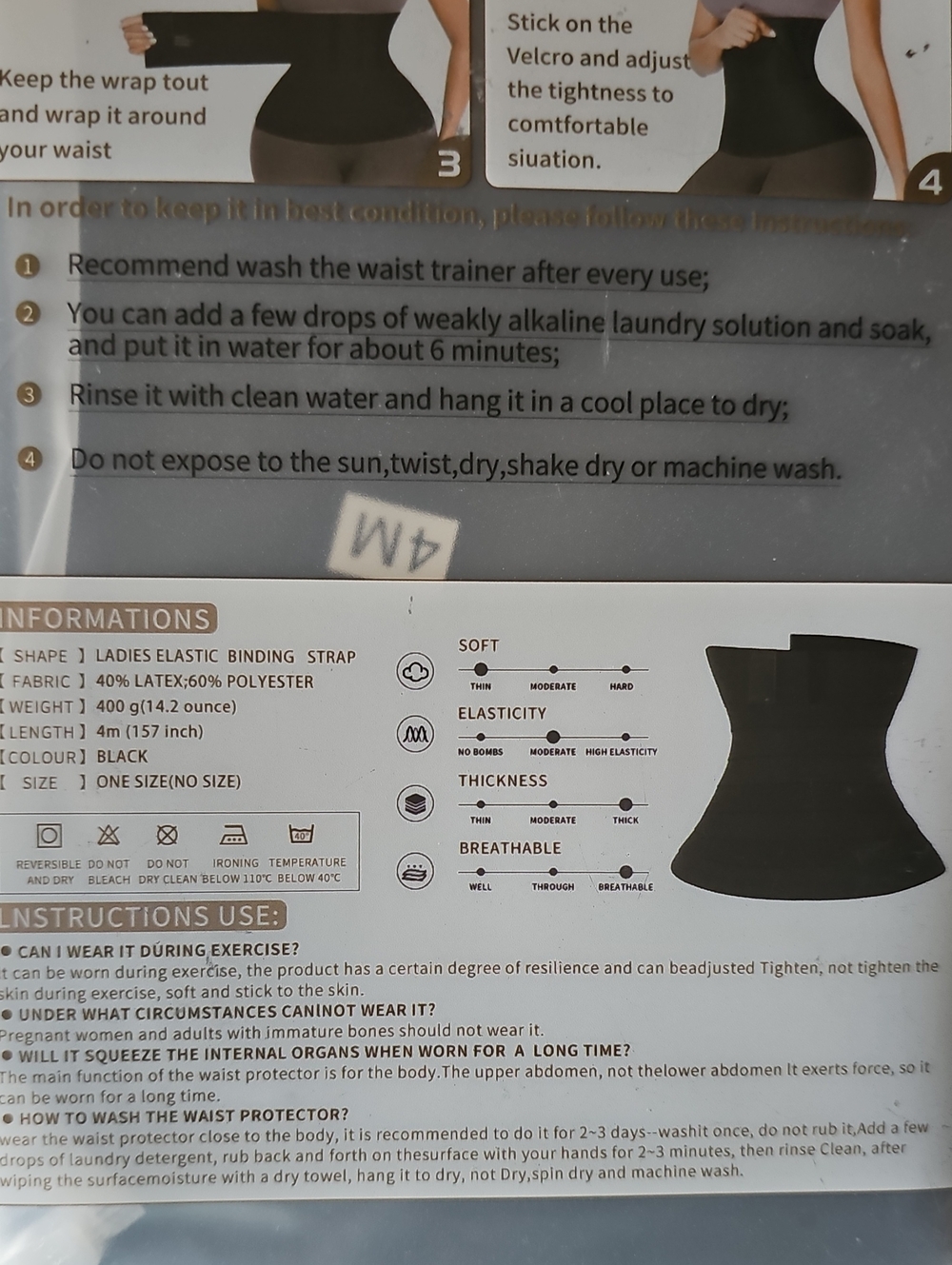 Bandage Wrap Waist Trainer Elastic Women's Black One Size 157 inches New - Picture 3 of 12